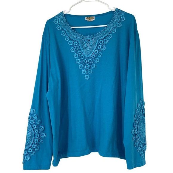 Womens Collections ETC Blue Embroider Lace Tshirt Top Long Sleeve XXL 3087 - Picture 1 of 8